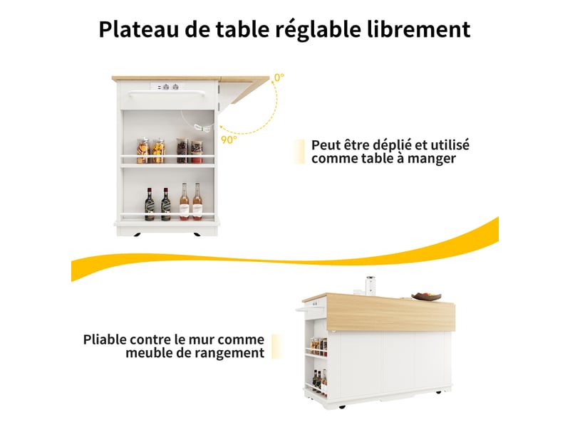 Îlot de cuisine mobile 151.5 x 59.7-84.7 x 91.7 cm, avec prise électrique et plateau rabattable, 2 portes 2 tiroirs, blanc - Conforama E