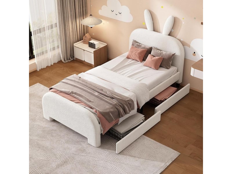 Lit plat rembourré enfant 90x200 cm, forme lapin en laine, deux tiroirs, doux et chaleureux, sans matelas, très pratique, blanc - Conforama C