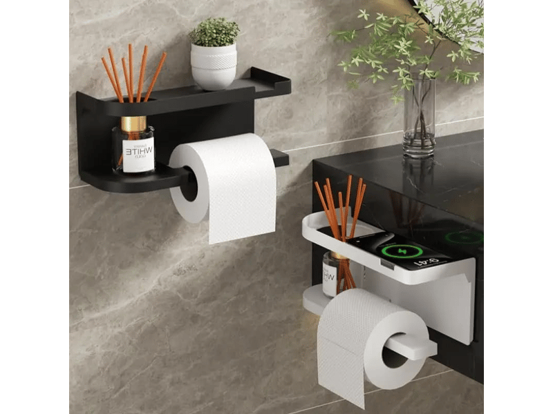  Porte-papier toilette moderne avec étagère de rangement, organiseur mural pour salle de bain, plastique noir 200 pièces  - Conforama B