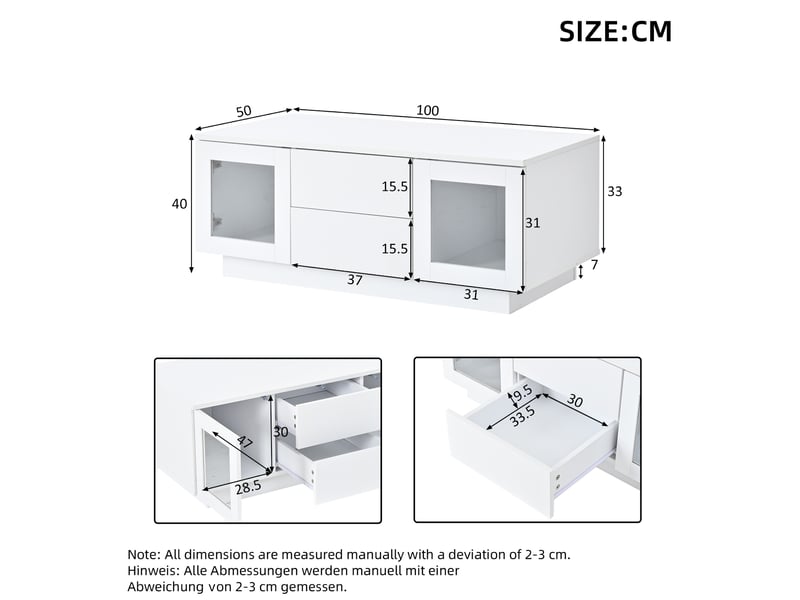  Table basse blanche brillante 100 x 50 x 40 cm avec led rgb, 2 tiroirs et 2 rangements vitrés pour le salon  - Conforama C