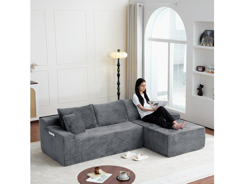  Canapé d’angle modulable droit  compressé 4 places en mousse et velours côtelé couleur gris, style moderne  - Conforama E