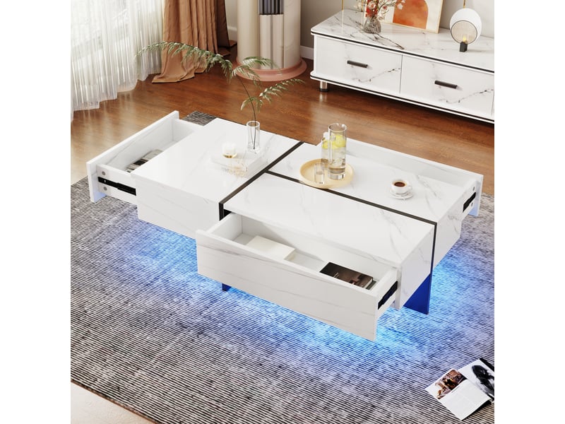  Table basse brillante - imitation marbre blanc - éclairage led contrôlé par application 100x50x34.5cm - Conforama A