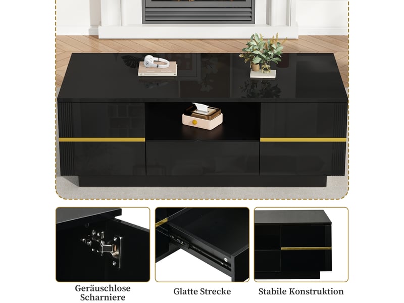  Table basse moderne avec rangement et 2 portes - lpospi - tiroir, niche ouverte, mdf noir et doré, 100 × 50 × 35,5 cm  - Conforama E