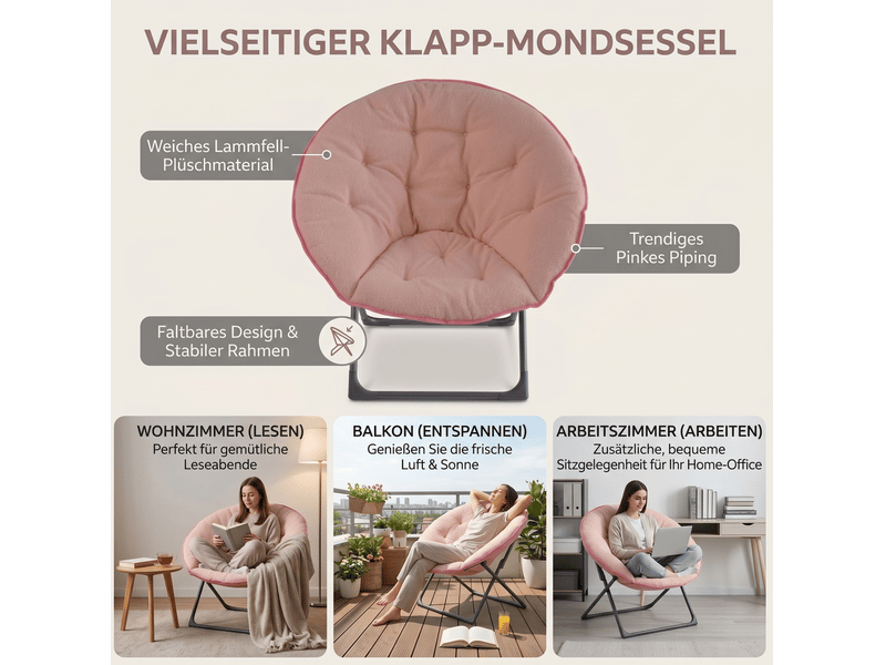  Fauteuil pouf pliable type lune avec assise rembourrée et patins de protection, en tissu et métal rose  - Conforama E