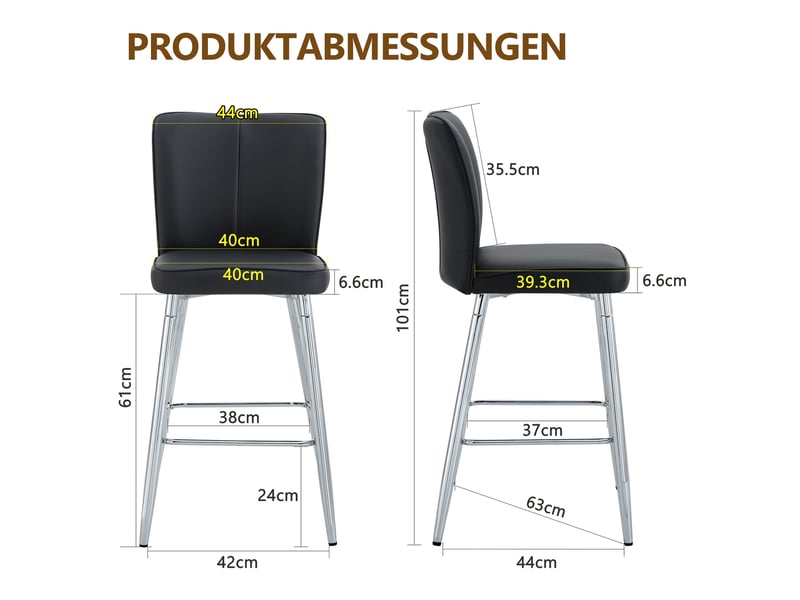  Lot de 2 tabourets de bar,44x44x101 cm,similicuir et métal argenté,noir  - Conforama C