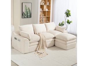 Canapé modulable 3 places 263x167x85 cm, canapé salon avec pouf modulable, coussins et poches latérales, mousse et ressorts, velours côtelé, beige