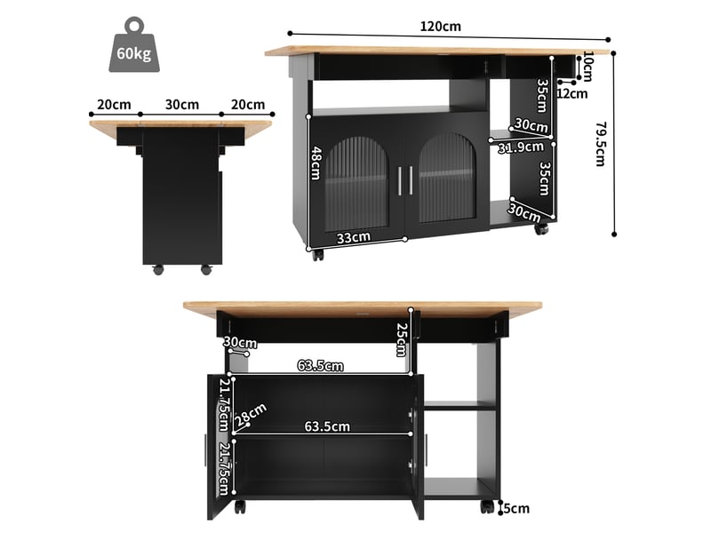  Desserte de cuisine 120x30x79,5 cm avec roulettes mdf noir et naturel  - Conforama C