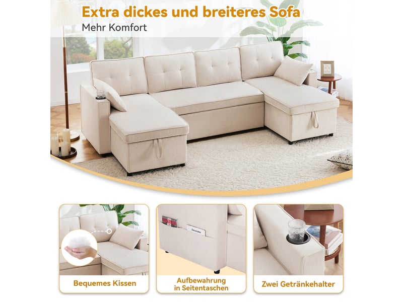 Canapé convertible en u 4 places tissu aspect lin beige avec coffre de rangement intégré - Conforama E