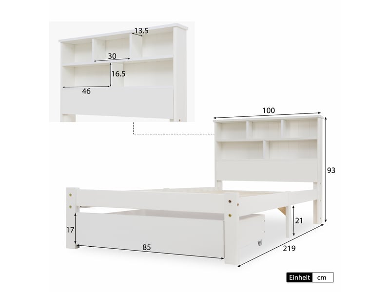  Lit coffre 90x200 avec tiroirs sur roulettes et tête de lit bibliothèque pour rangement optimisé chambre enfant blanc  - Conforama C