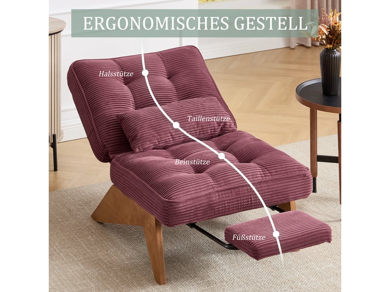 Fauteuil de salon inclinable avec repose-pieds 127x73x90cm velours côtelé rouge bordeaux loungesessel cord burgunderrot - Conforama E