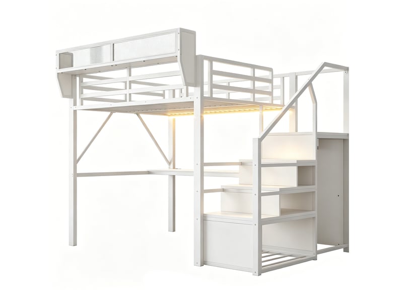  Lit haut 140x200 pour adulte et enfant, structure métal blanche, bureau 2 m, led et échelle de sécurité  - Conforama A