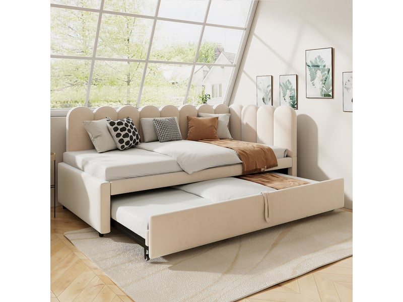  Lit convertible en tissu velours beige 90x200 cm  - Conforama E
