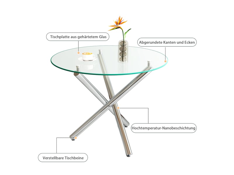  Table à manger ronde moderne – plateau en verre trempé et pieds en métal argenté – ø 80 x h 76 cm  - Conforama E