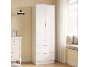 Armoire chambre penderie avec 2 tiroirs, 60 x 47 x 180 cm, 2 portes à fermeture douce et barre de suspension, blanc