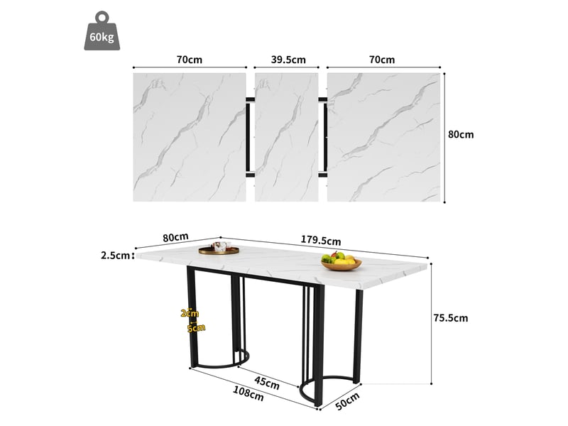  Table à manger extensible 140-179,5 x 80 cm, mdf et métal, blanc et noir  - Conforama C