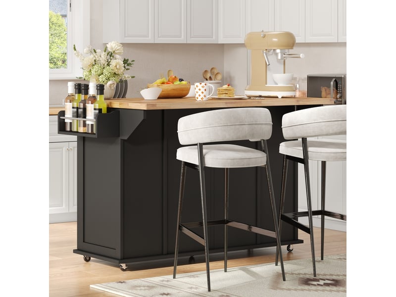  Desserte de cuisine plateau rabattable, 3 tiroirs, 4 portes et roulettes verrouillables, noir naturel 120 × 70 × 87 cm  - Conforama D
