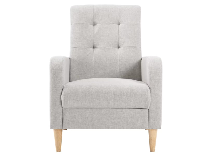  Fauteuil lounge avec dossier haut et accoudoirs, style nordique pour salon et chambre en lin, bois et mousse gris clair  - Conforama A