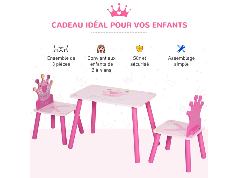  Ensemble table et 2 chaises enfant 3 pièces, pieds en bois massif, table enfant avec chaise motif couronne, rose, pour filles et garçons de 2 à 4 ans  - Conforama R