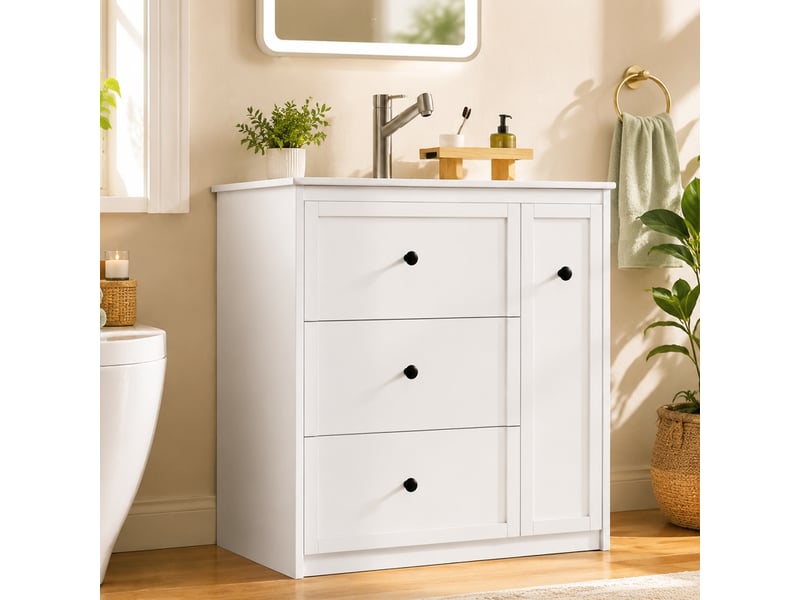 Meuble salle de bain sur pied 76 cm avec vasque en céramique intégrée, meuble vasque blanc laqué, 4 tiroirs - Conforama C