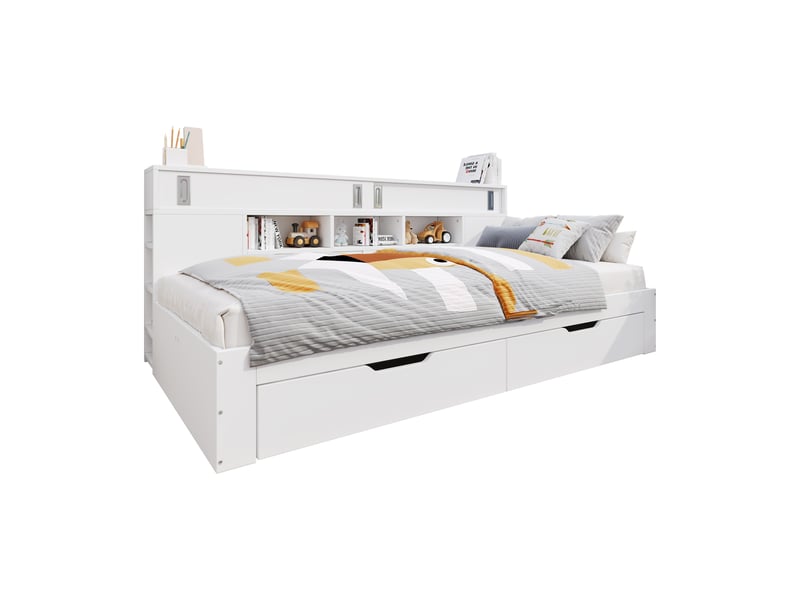  Lit banquette enfant 90×200 cm, 2 tiroirs, étagères et rangement  - sans matelas, mdf - blanc  - Conforama A