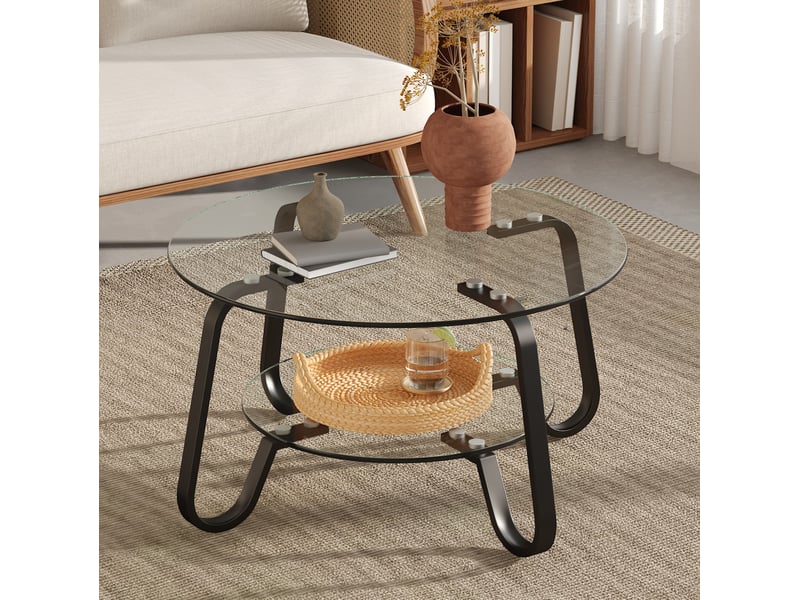  Table basse ronde avec 2 niveaux et plateau en verre de sécurité, structure en métal, pour salon, noir  - Conforama B