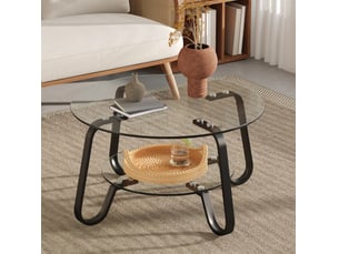 Table basse ronde avec 2 niveaux et plateau en verre de sécurité, structure en métal, pour salon, noir