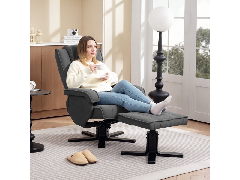  Fauteuil inclinable à bascule avec repose-pieds, revêtement en tissu aspect velours, fauteuil pivotant rembourré, structure en bois, gris  - Conforama C