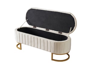 Banc de rangement beige 120 cm en velours avec coffre, bout de lit et pieds en métal