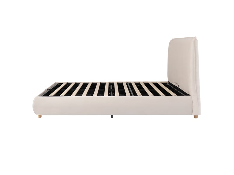 Lit coffre hydraulique 180x200 cm crème en velours avec sommier, grand rangement, tête de lit rembourrée et pieds en bois massif - Conforama D