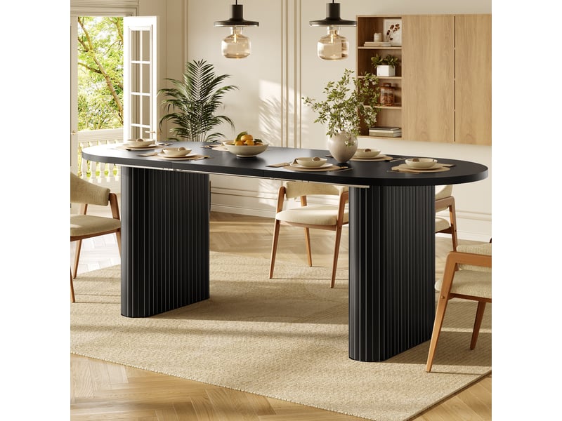  Table de salle à manger extensible 120-160x80x75,5 cm, plateau ovale effet bois à relief vertical, supporte 60 kg, mdf et métal, noir Sol Morn - Conforama B
