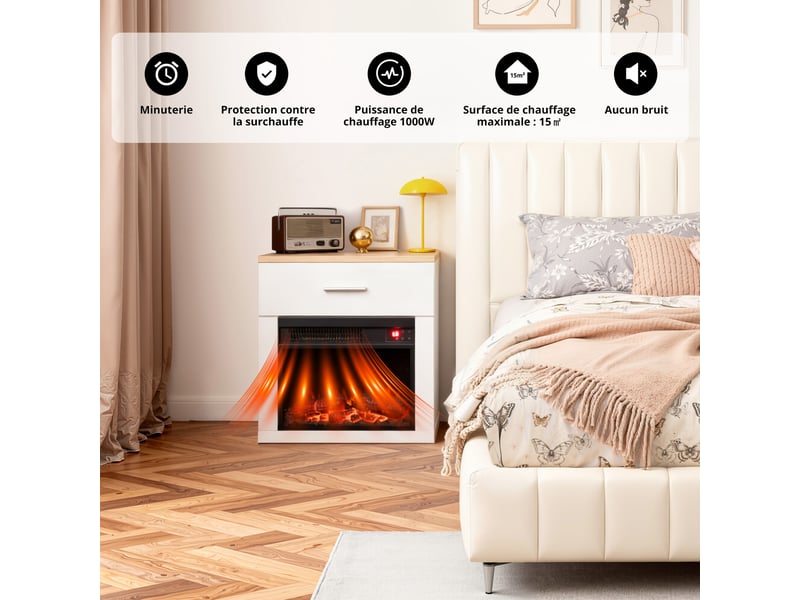  Homavo 14'' cheminée électrique, 1000w, flamme 3d, télécommande, minuterie, sécutité surchauffe, table de chevet incluse  - Conforama C