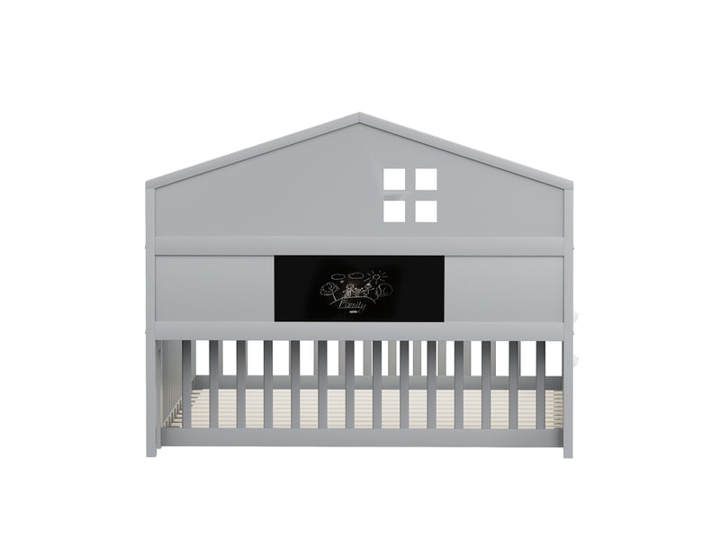  Lit enfant cabane avec rangements, bois massif gris, 140x200 cm, barrières, porte et étagères  - Conforama E