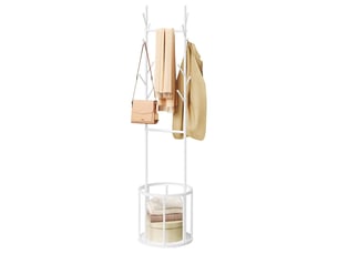 Portemanteau métallique avec panier de rangement rond, vestiair, 41x41x175cm, blanc