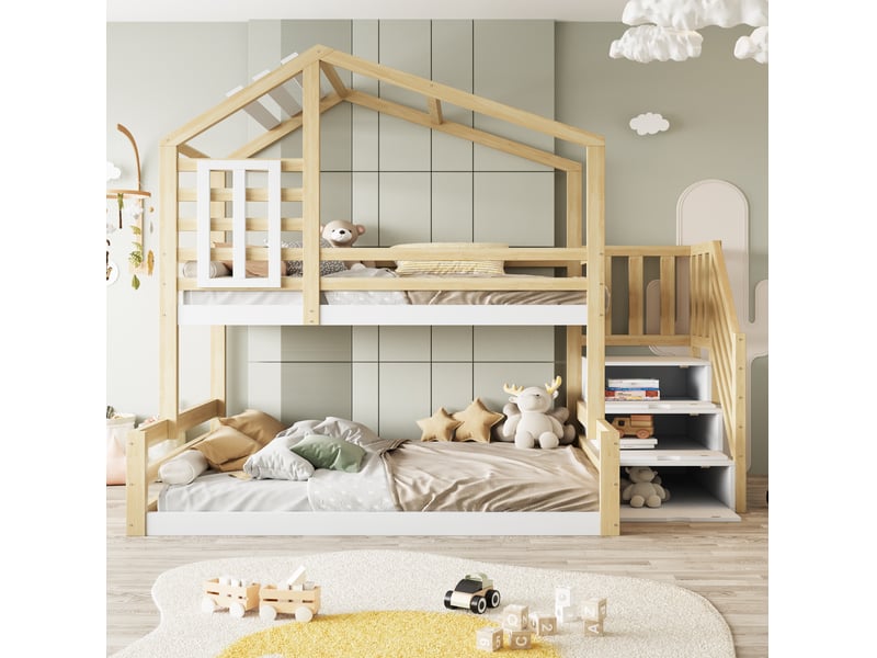  Modenvie lit superposé cabane 90x200140x200 cm - avec escalier de rangement, sans matelas - naturel  - Conforama E