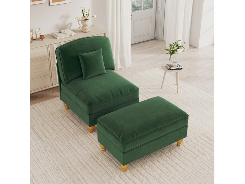 Fauteuil de salon modenvie en chenille vert avec pouf mobile, jupe à volants amovible et pieds en fuseau  - Conforama E