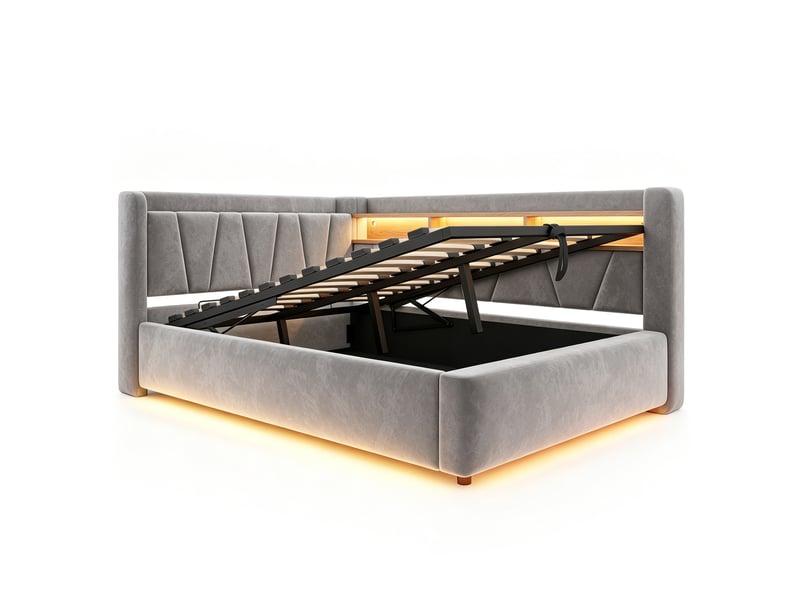  Lit banquette coffre 140 × 200 cm en velours gris, led et usb IKSETERA TRADING LTD - Conforama E