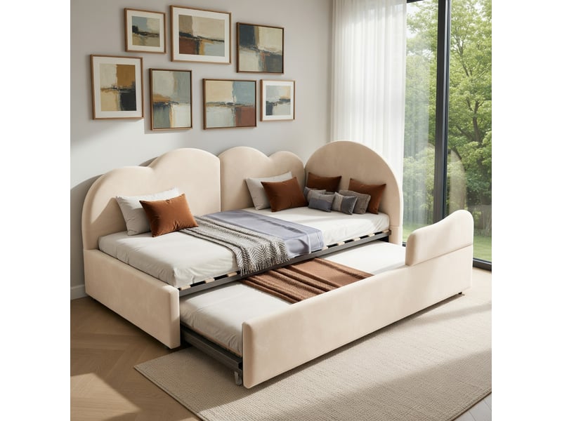  Canapé-lit (90 × 200 + 90 × 190), à déplier, tête de lit en forme de nuage, velours, beige  - Conforama B