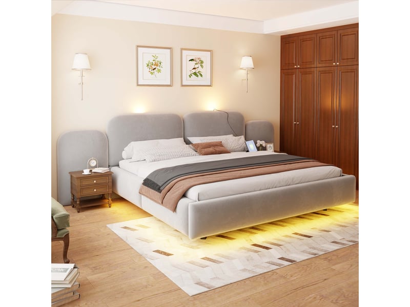 Lit coffre 180x200 cm - lit double avec rangement - led rgb, usb & type-c - gris - Conforama B