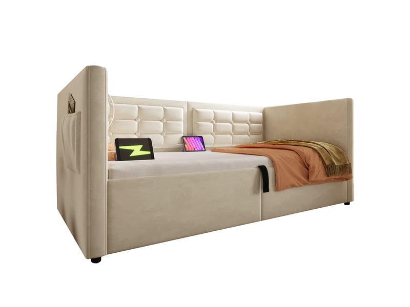  Canapé-lit rembourré 90x200 cm, beige, canapé-lit adulte avec espace de rangement hydraulique et station de recharge usb et type-c  - Conforama W