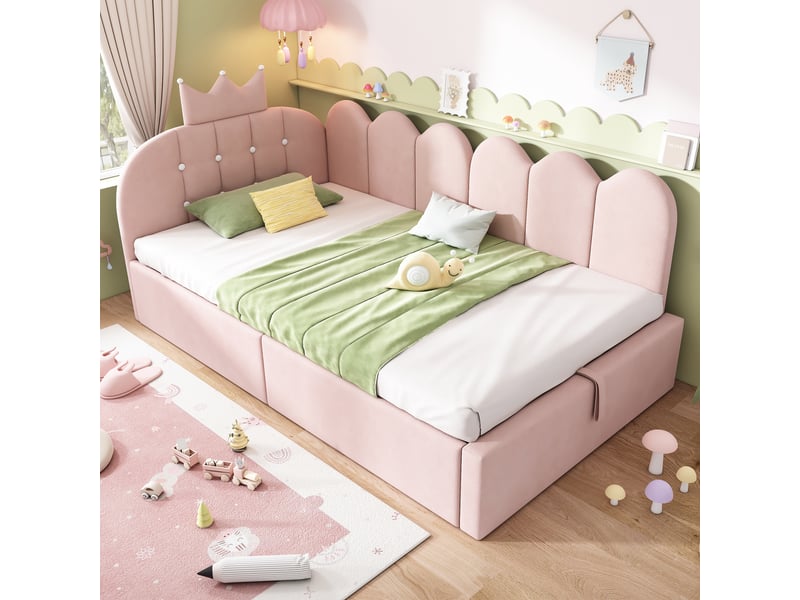  Lit banquette coffre 90 × 200 cm en velours rose, rangement hydraulique et tête en l motif couronne Fay Lum - Conforama B