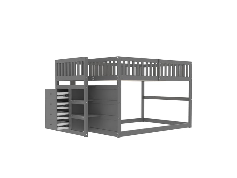 Lit superposé bas avec rangement, bois gris, 140x200 cm, barrières hautes de sécurité - Conforama E