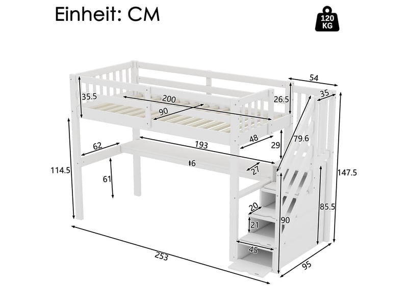  Modenvie lit mezzanine 90x200 cm - avec bureau et rangements intégrés, sans matelas - blanc  - Conforama C