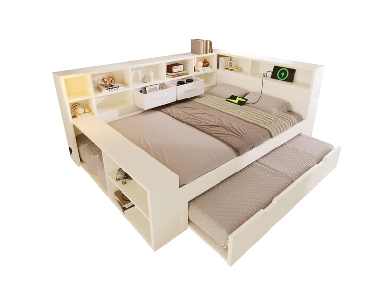  Lit gigogne 140x190 cm avec rangements et prises de charge, bois et panneau de particules, blanc, sans matelas  - Conforama A