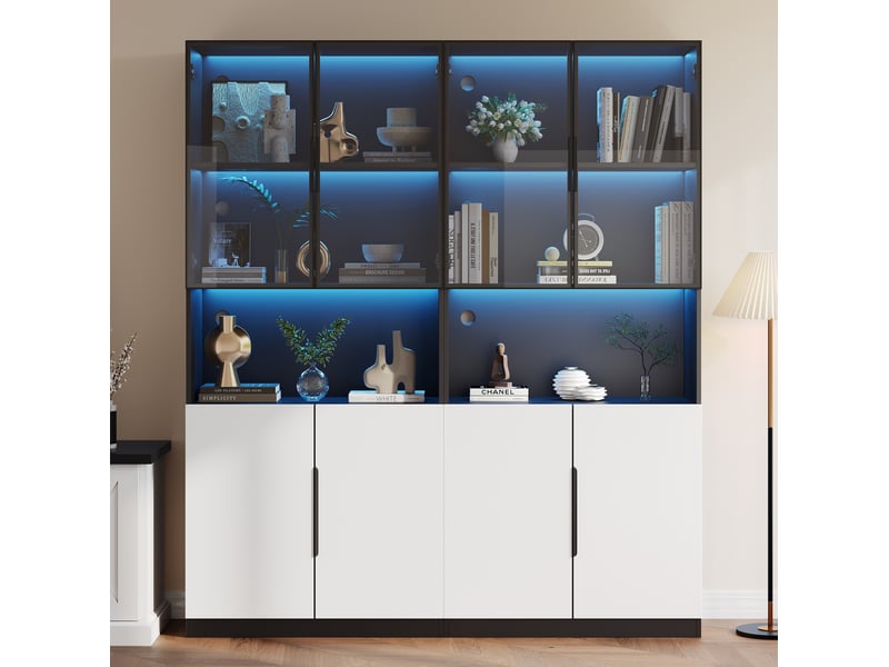  Vitrine blanche et noire avec portes en verre, led réglables et rangement – 160 x 30 x 200 cm  - Conforama C