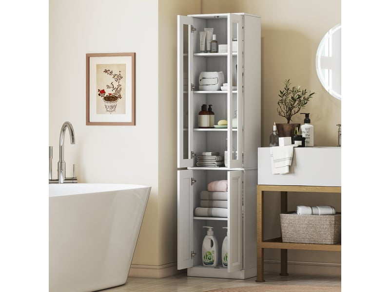  Meuble de salle de bain à 6 niveaux, unité de rangement avec 4 portes à fermeture amortie et étagères réglables, blanc  - Conforama D