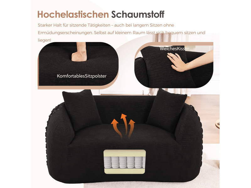 Canapé compressé 2 places 155x90x67 cm sans montage, sans structure, accoudoirs avec lacets, 2 coussins, mousse, tissu chenille noir - Conforama E