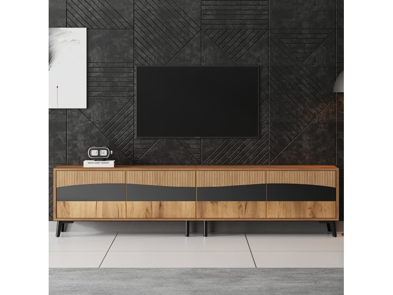  Meuble tv 180x40x50 cm, 4 portes, design symétrique, effet bois naturel et noir, panneau de particules  - Conforama W