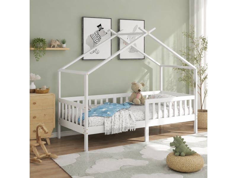  Lit cabane enfant simple 90×200 cm avec barrière et rangement  - sans matelas, bois massif blanc  - Conforama C