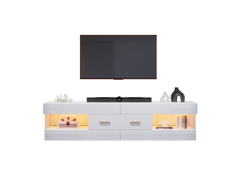  Meuble tv led 152x35x40 cm - meuble bas avec rangement ouvert et tiroirs, plateau en verre acrylique, design moderne - blanc  - Conforama A