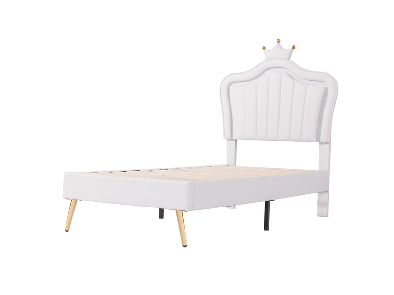  Lit enfant rembourré 90 x 200 cm avec led, tête de lit coquillage et couronne, similicuir blanc Fay Lum - Conforama A